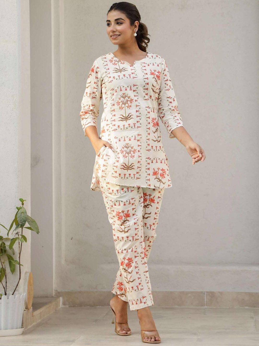 Mamicha Women Printed Round Neck Cotton Tunic and Trousers Co-Ords