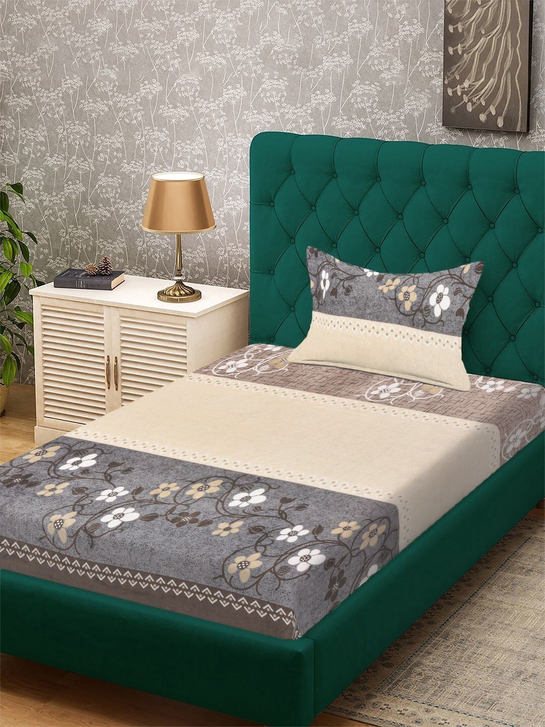 Myntra Elegant Homes Brown & Cream Bulu Bunga 300 TC Cadar Bujang dengan 1 Sarung Bantal