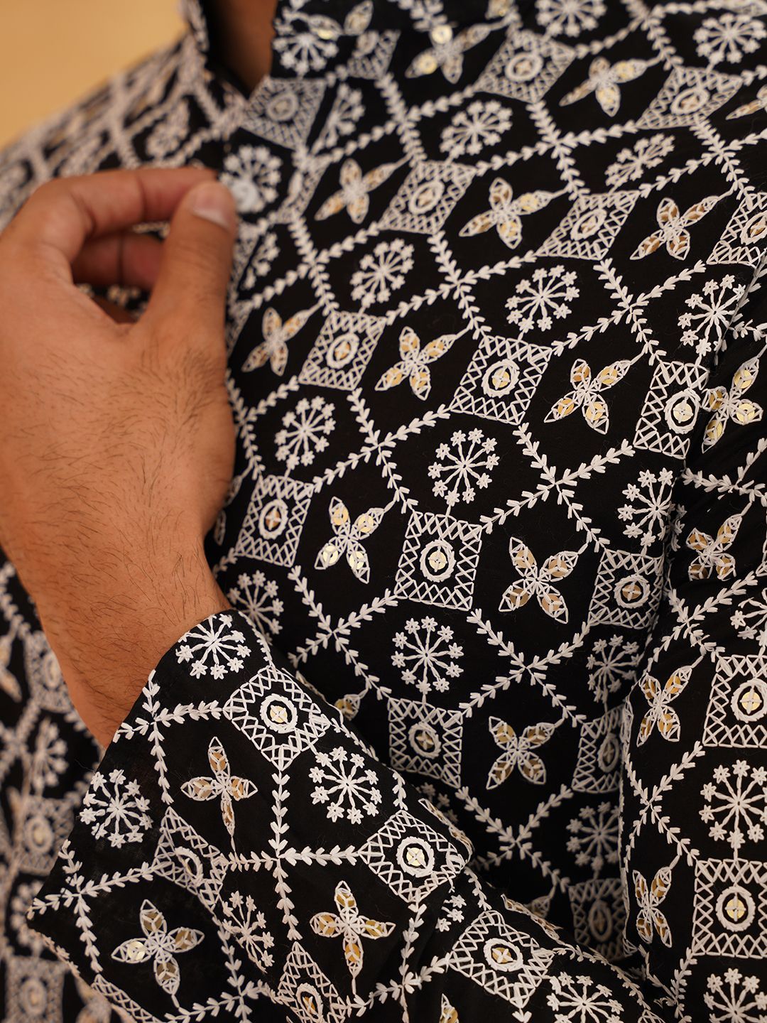 SOJANYA Ethnic Motifs Embroidered Mandarin Collar Sequinned Pure Cotton Straight Kurta
