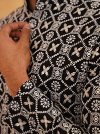 SOJANYA Ethnic Motifs Embroidered Mandarin Collar Sequinned Pure Cotton Straight Kurta
