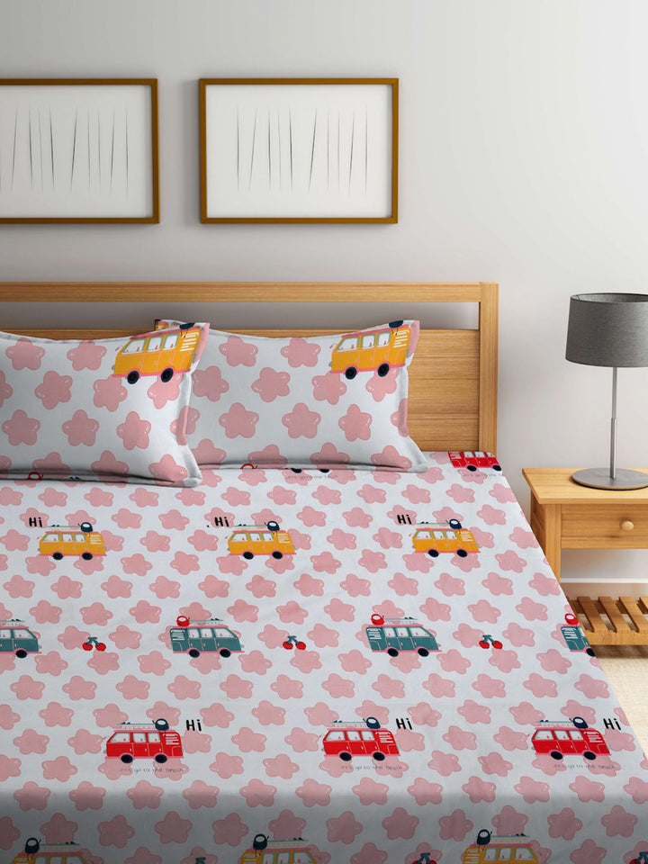 KLOTTHE White Conversational Polycotton 300 TC Fitted King Fine Bedsheet dengan 2 Sarung Bantal-98 x 89 inci