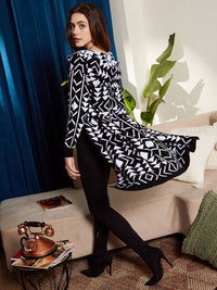 Berrylush Black & White Geometric Printed Hooded Longline Front Open Sweater