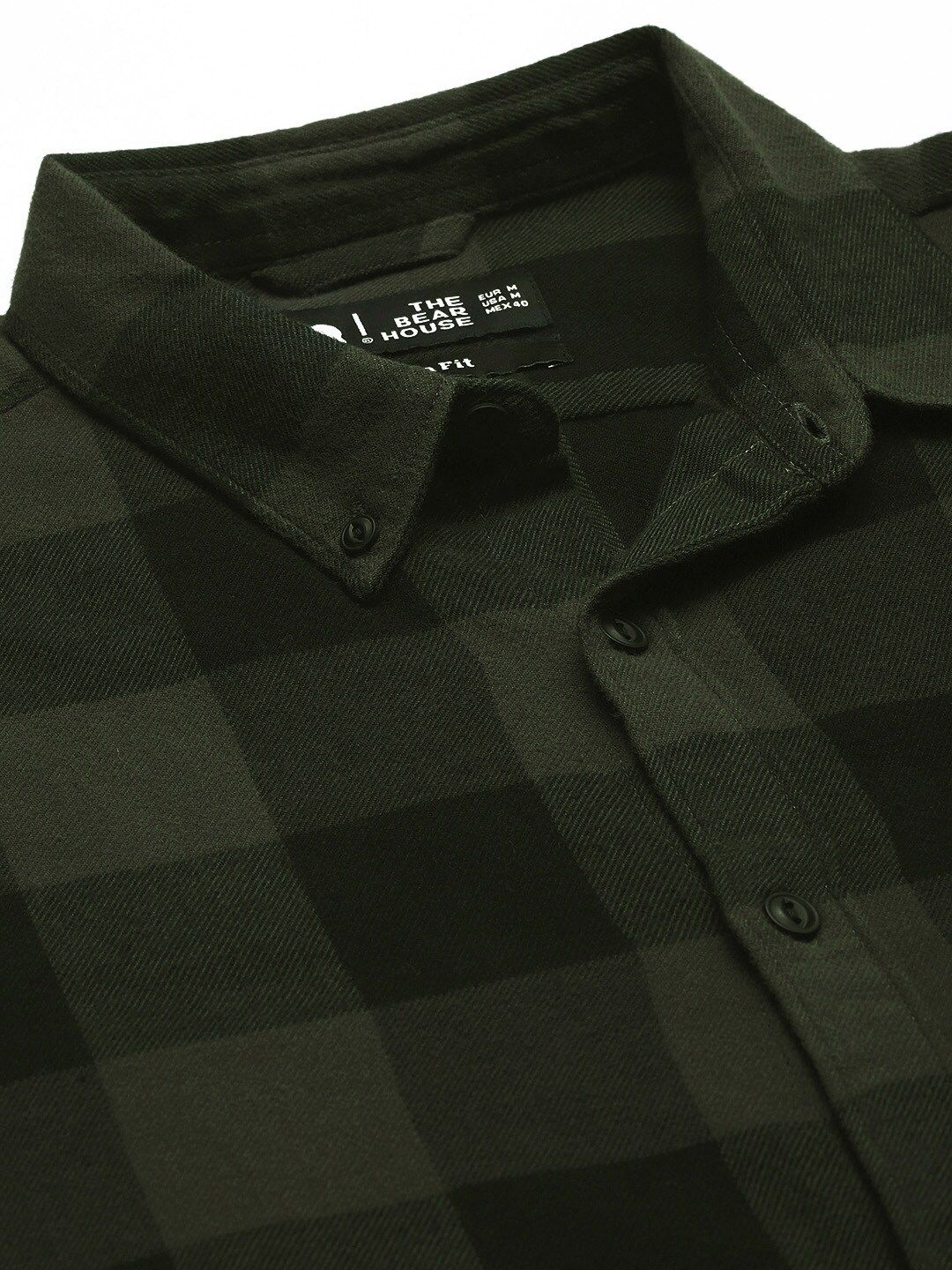 THE BEAR HOUSE Men Olive Green Slim Fit Pure Cotton Checked Casual Shirt