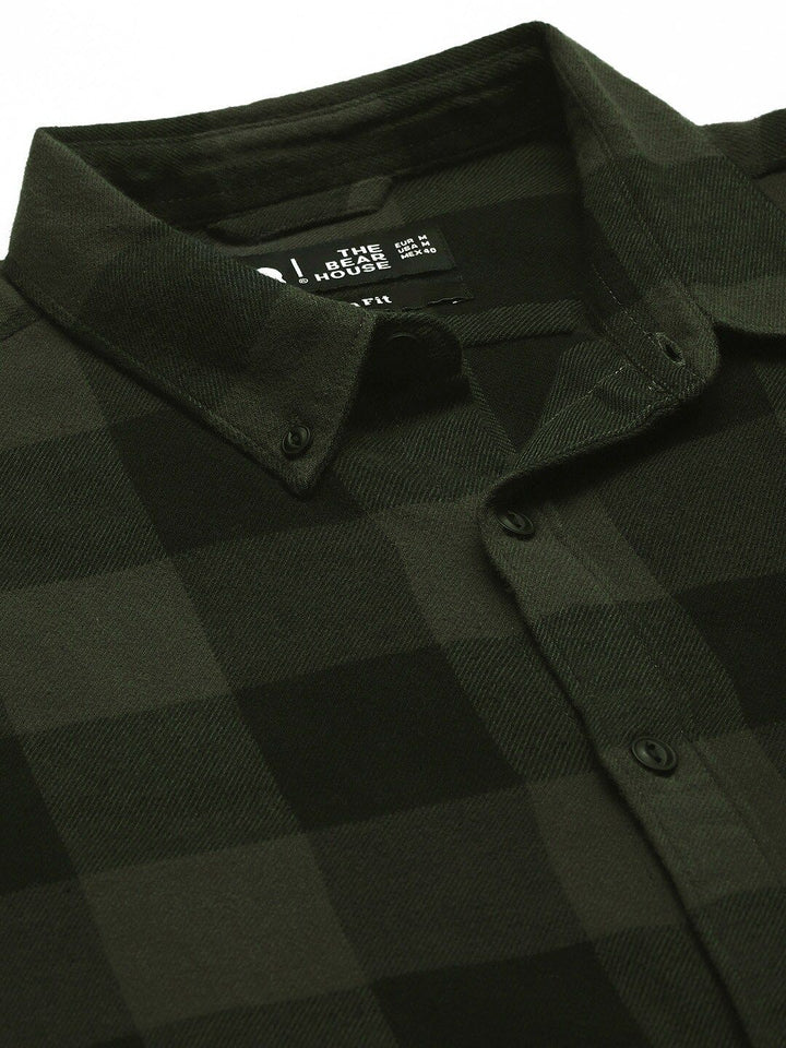 THE BEAR HOUSE Men Olive Green Slim Fit Pure Cotton Checked Casual Shirt