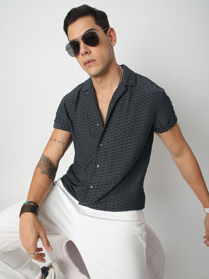 VASTRADO Men Classic Cuban Collar Textured Oversized Casual Shirt