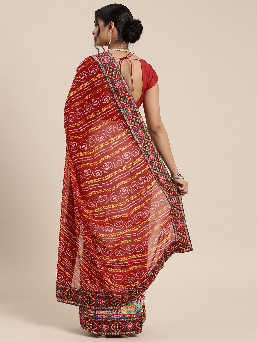 Mitera Red & Off-White Pure Georgette Embroidered Bandhani Saree