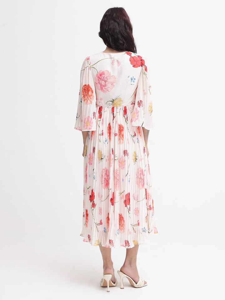 RAREISM Women White Floral Print Flared Sleeve Fit & Flare Midi Dress
