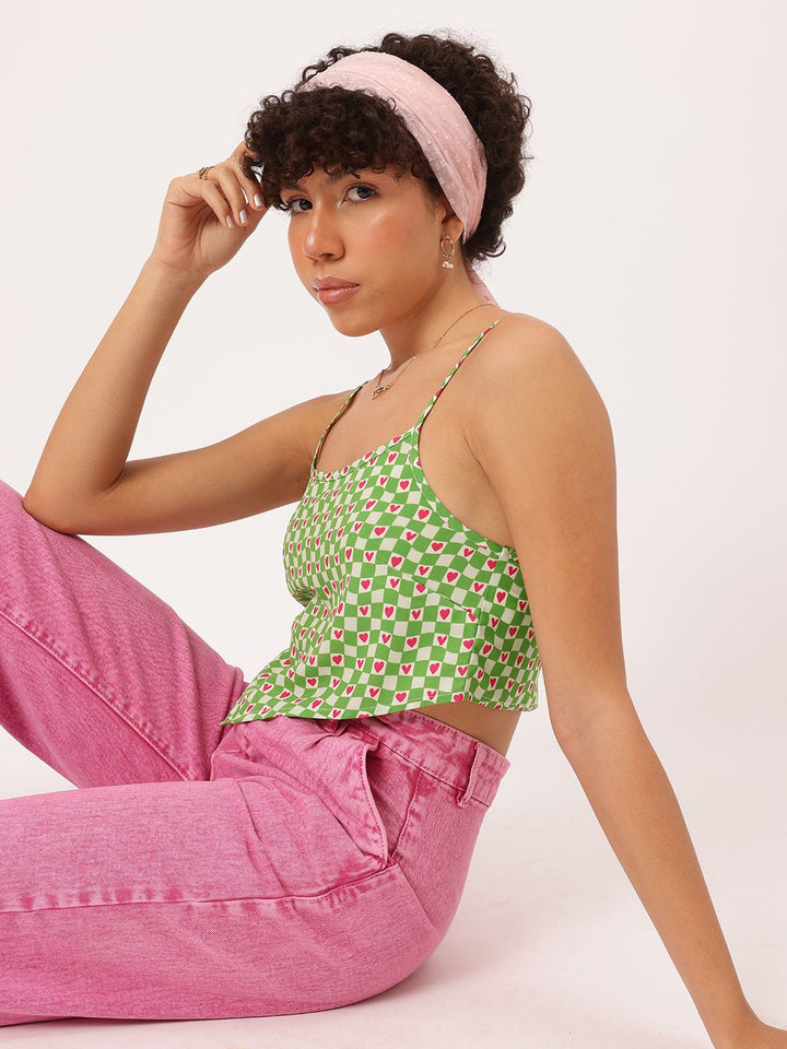 DressBerry Checkered Hearts Strappy Scarf Hem Crop Top