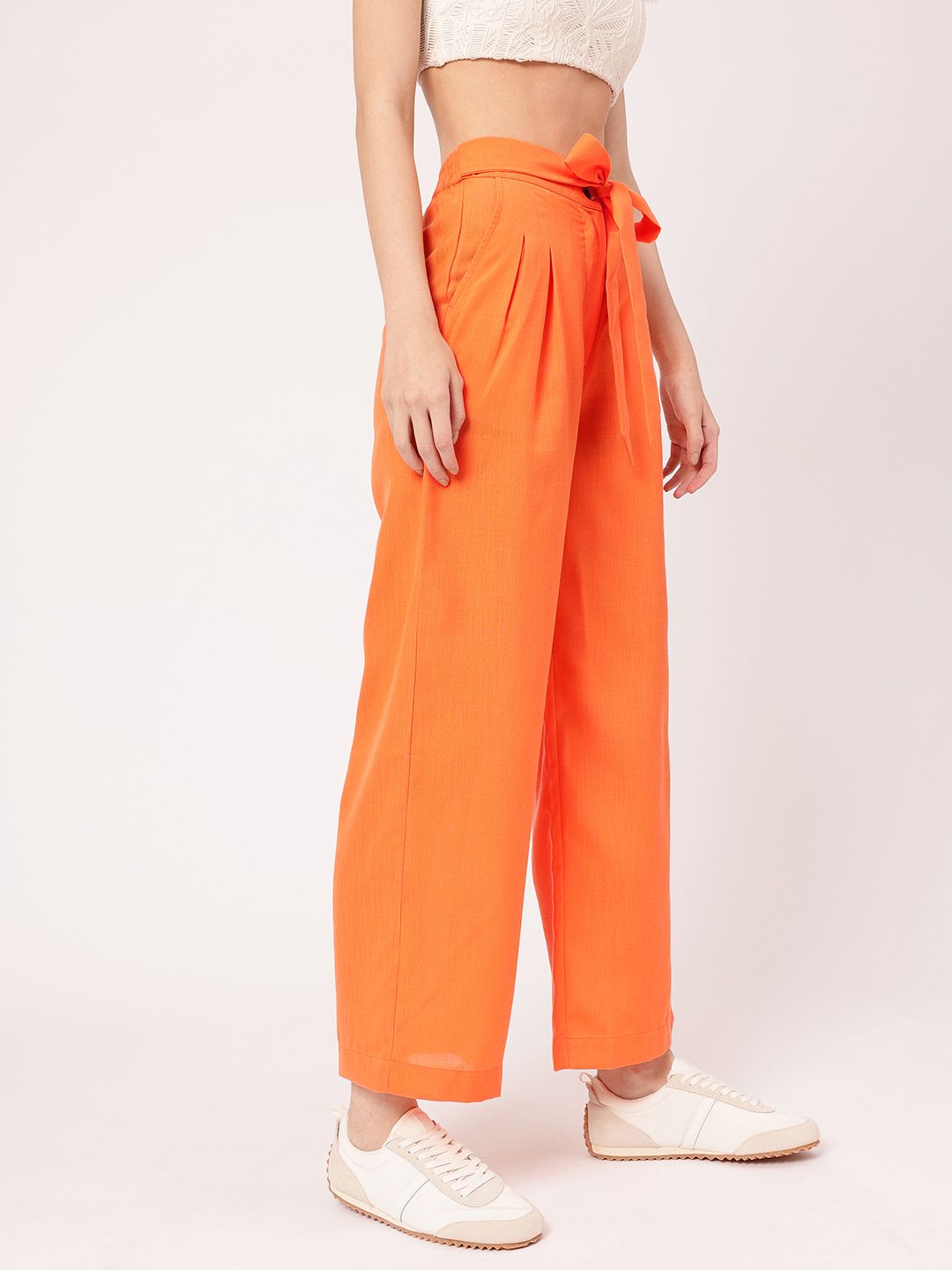Femme Chic Ribbon Tie-Up Pleated High-Rise Trousers