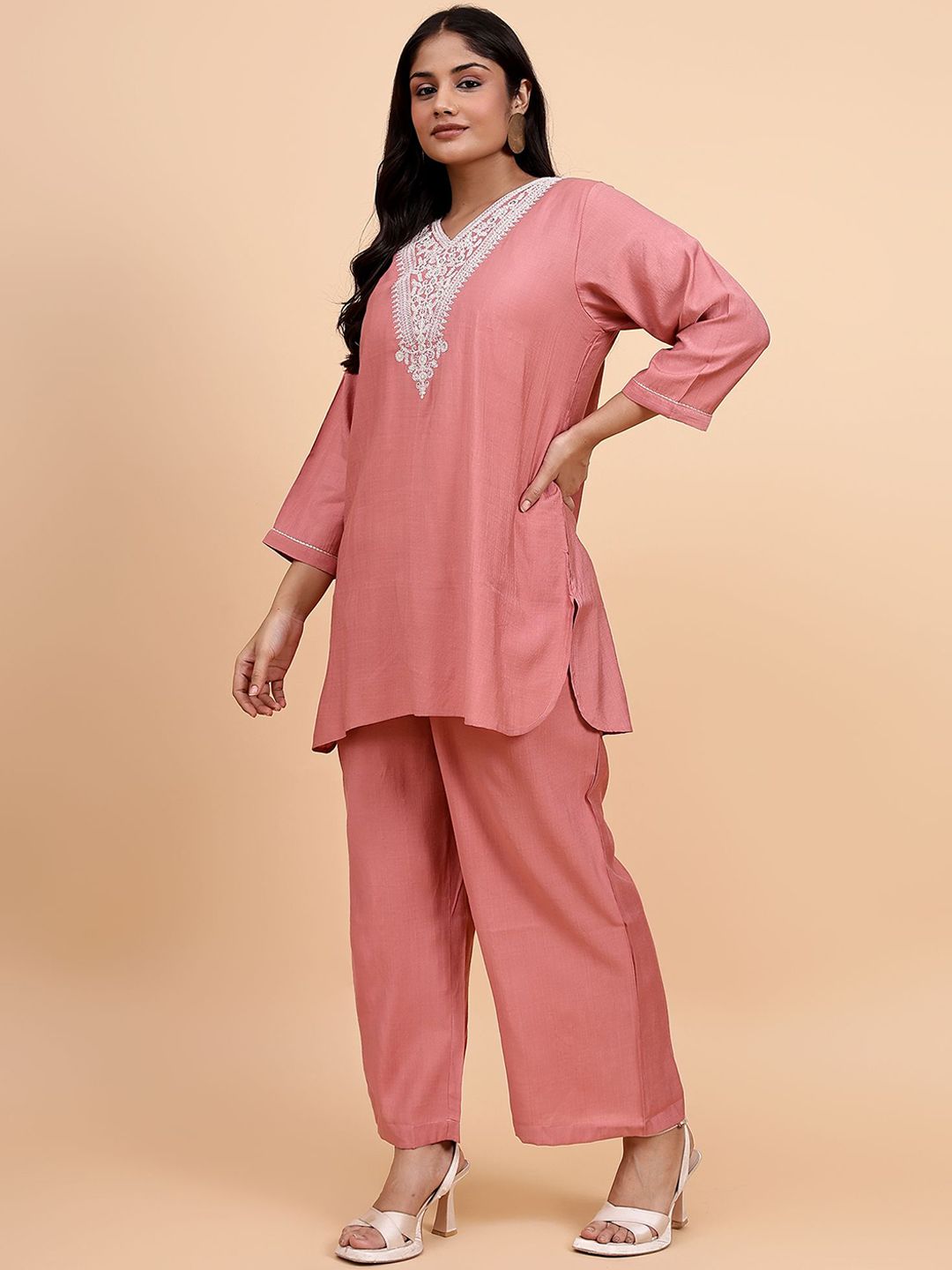 Bani Women Plus Size Etnic Motifs Embroidered V-Neck Tunic With Trousers
