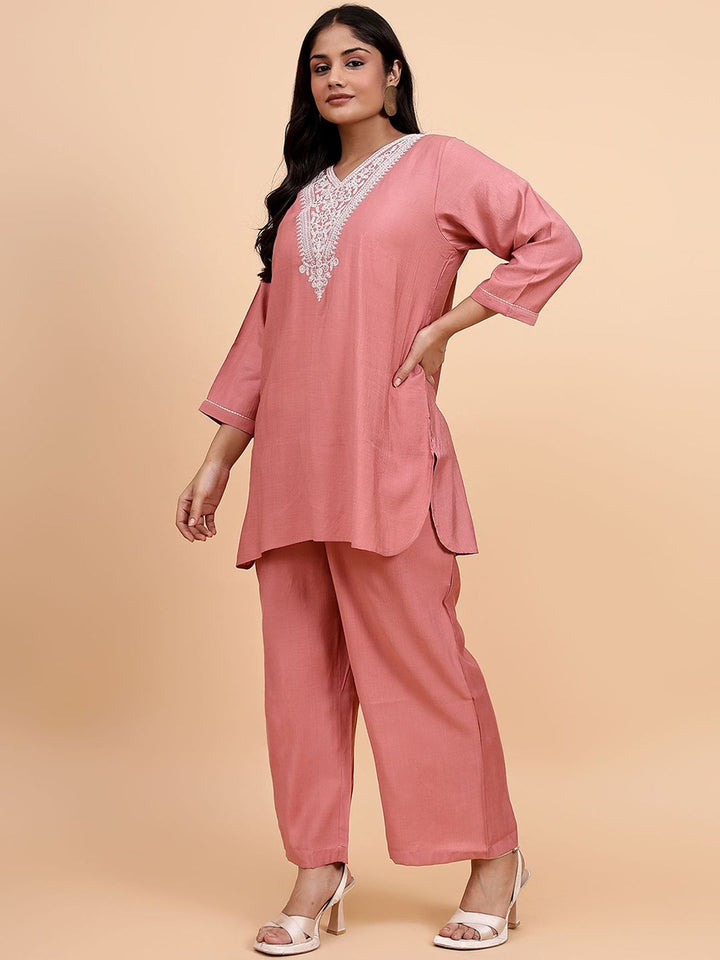 Bani Women Plus Size Etnic Motifs Embroidered V-Neck Tunic With Trousers