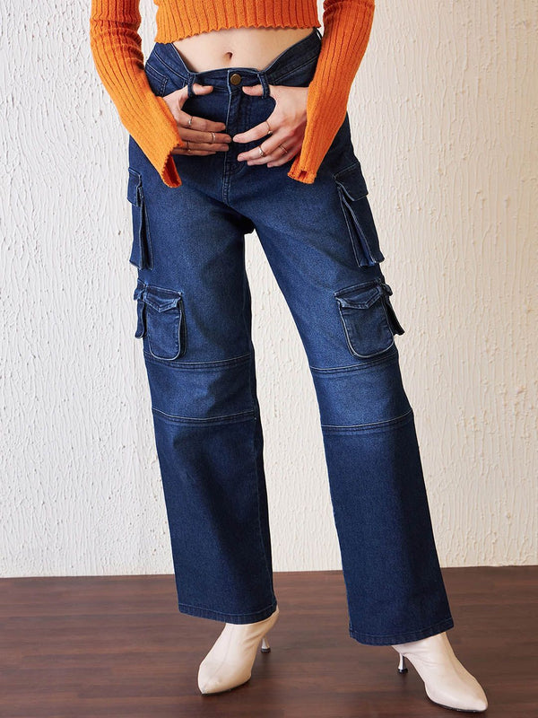 Antheaa Women Blue Comfort Relaxed Fit High-Rise Clean Look Stretchable Denim Cargo