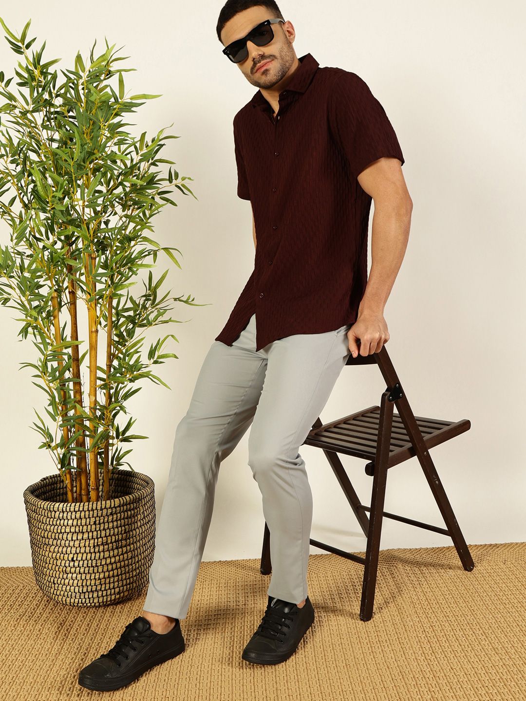 Thomas Scott Men Premium Spread Collar Textured Casual Shirt