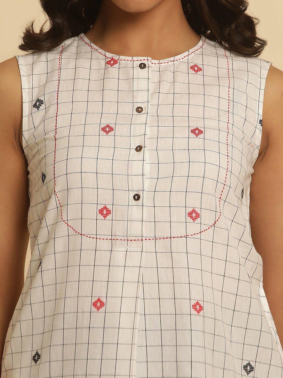 W Checked Sleeveless Pure Cotton Straight Kurti