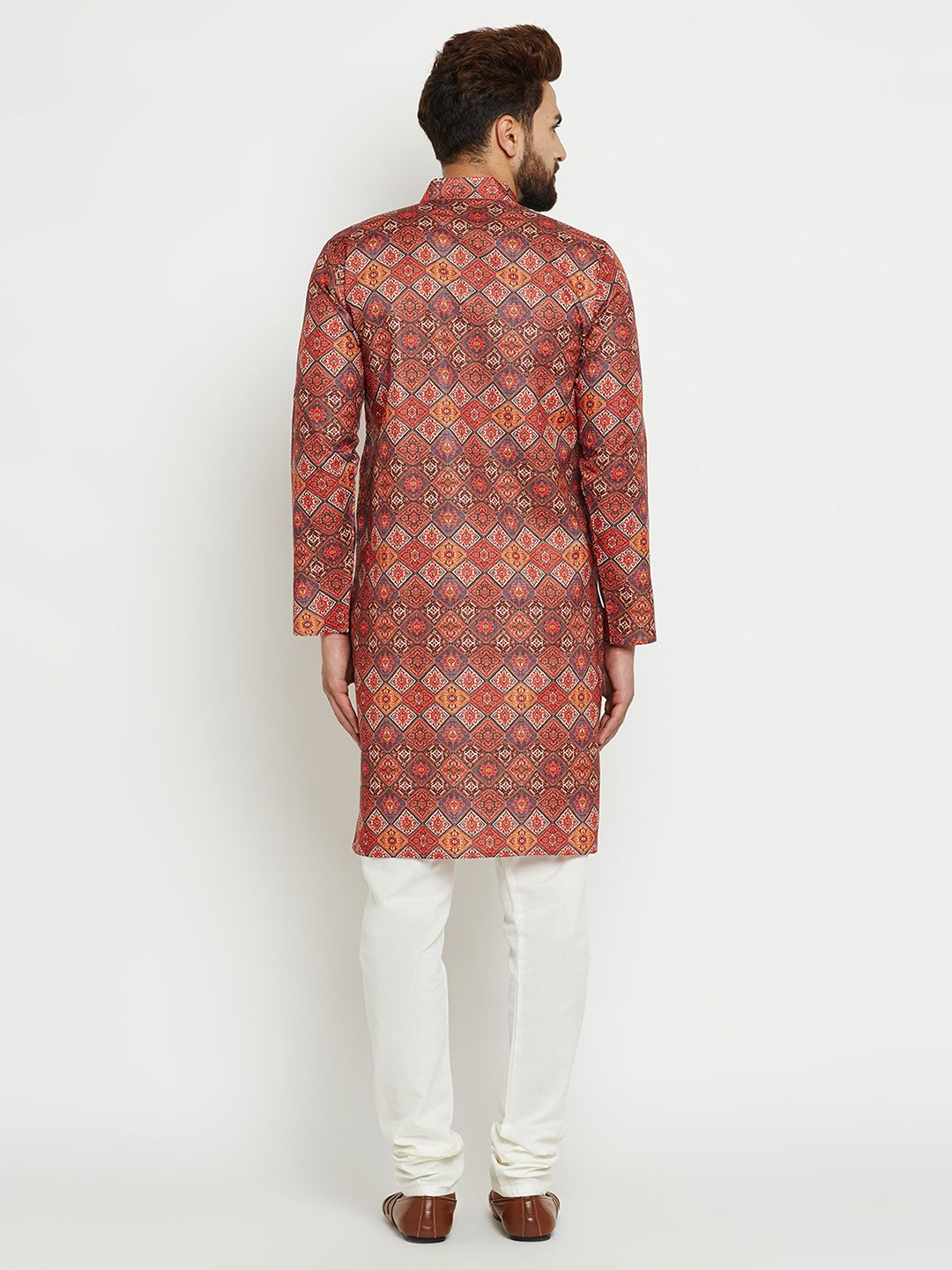 SOJANYA Men Orange & Blue Printed Straight Kurta