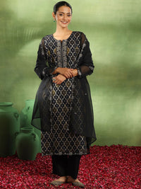 Libas Ethnic Motifs Woven Design Zari Work Organza Straight Kurta With Trouser & Dupatta