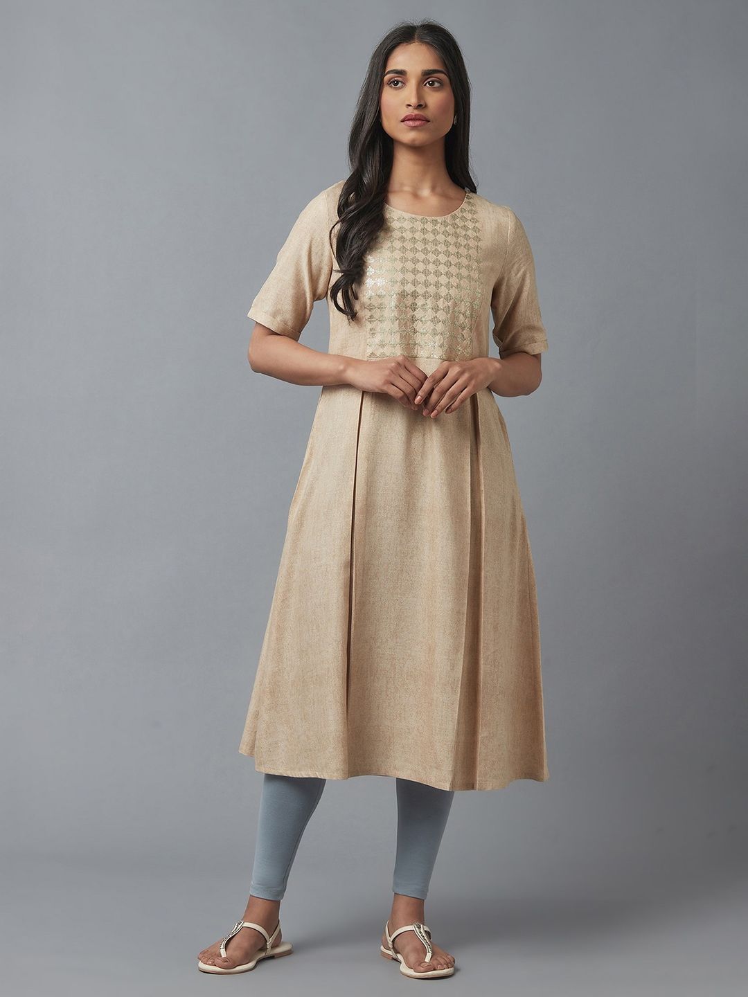 W Women Beige Embellished Keyhole Neck Flared Kurta