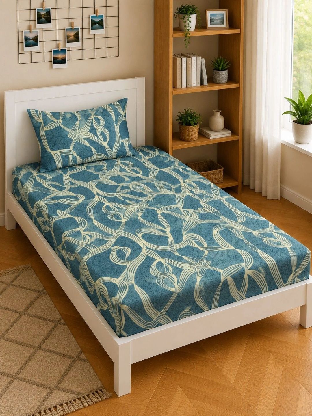 Moda Rapido X KLOTTHE Turquoise Blue 300 TC Single Bedsheet with 1 Pillow Covers