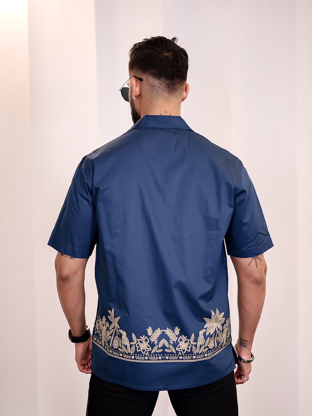 Eszett Men Floral Printed Cuban Collar Cotton Casual Shirt