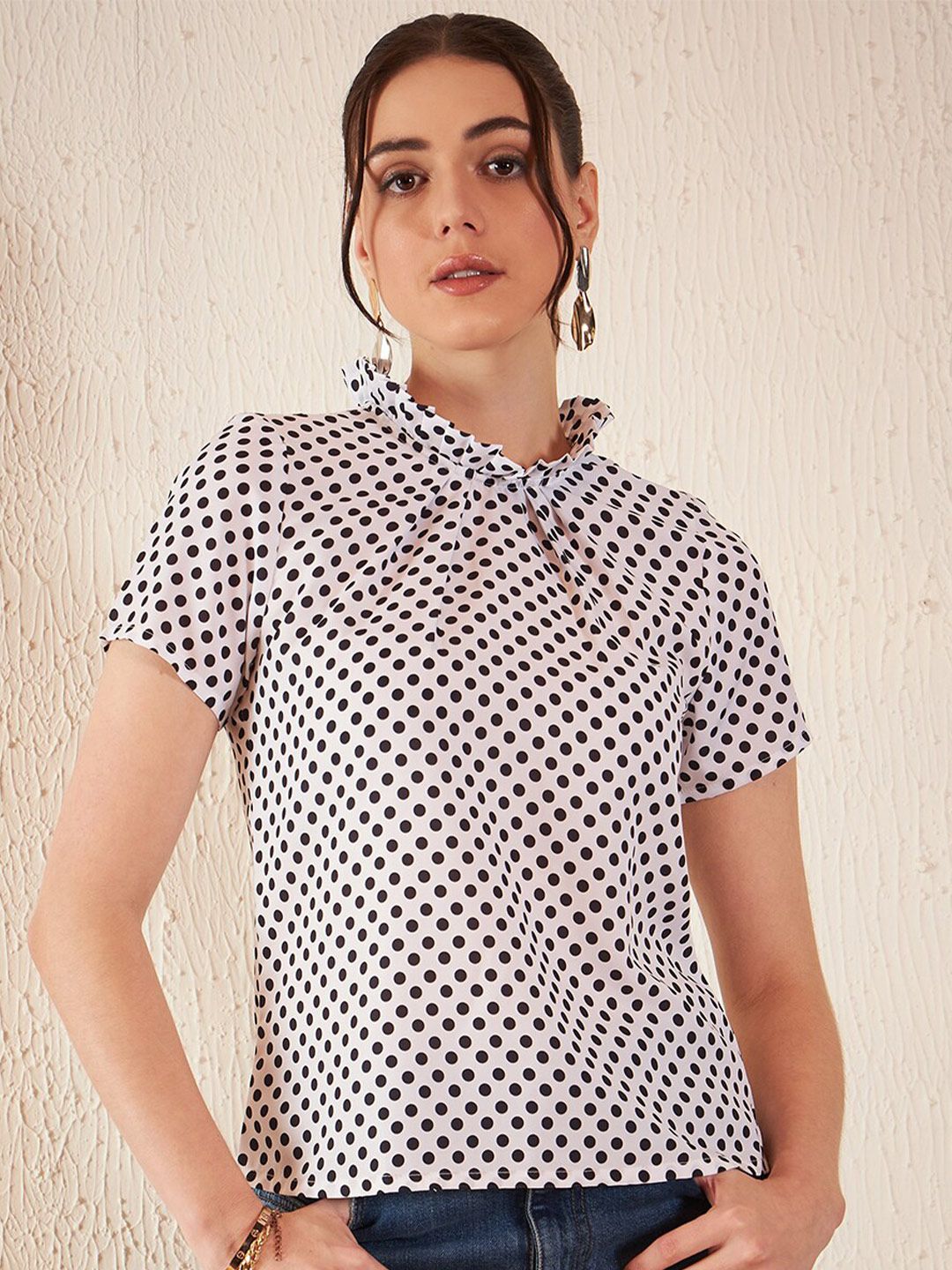 DENNISON Polka Dot Printed High Neck Crepe Top