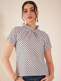 DENNISON Polka Dot Printed High Neck Crepe Top