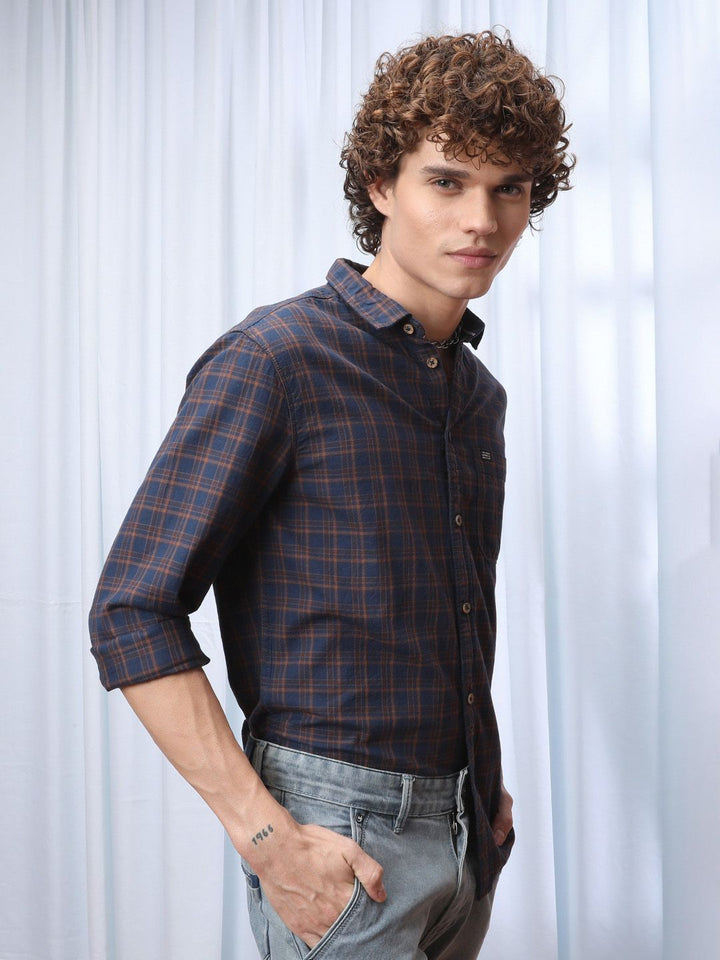 The Indian Garage Co Men Navy Blue & Brown Checked Casual Shirt