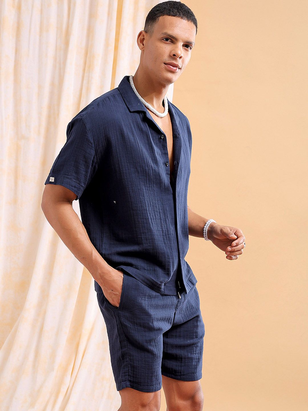 The Indian Garage Co Cuban Collar Pure Cotton Shirt With Shorts