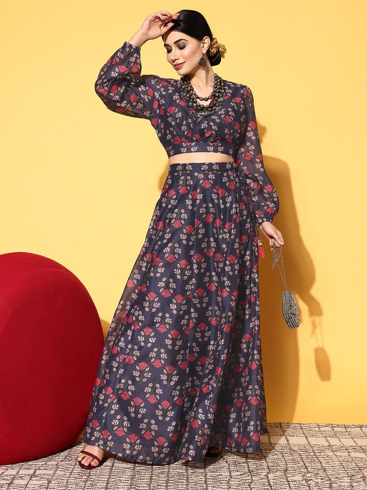 Shae by SASSAFRAS Navy Blue Printed Ready to Wear Lehenga Choli