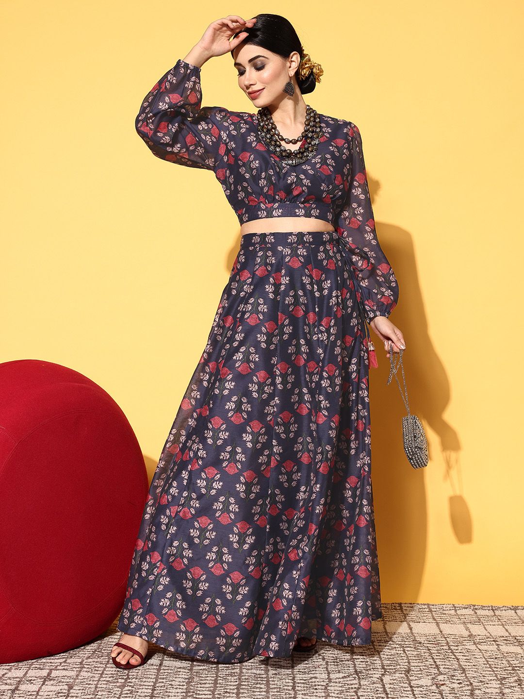 Shae by SASSAFRAS Navy Blue Printed Ready to Wear Lehenga Choli
