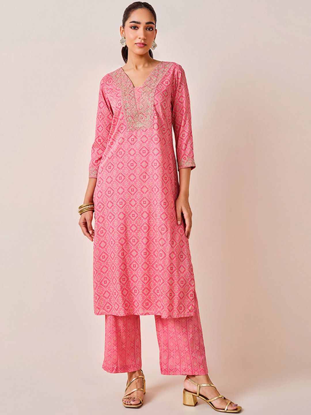 Global Desi Geometric Printed Sequinned A-Line Kurta With Palazzo