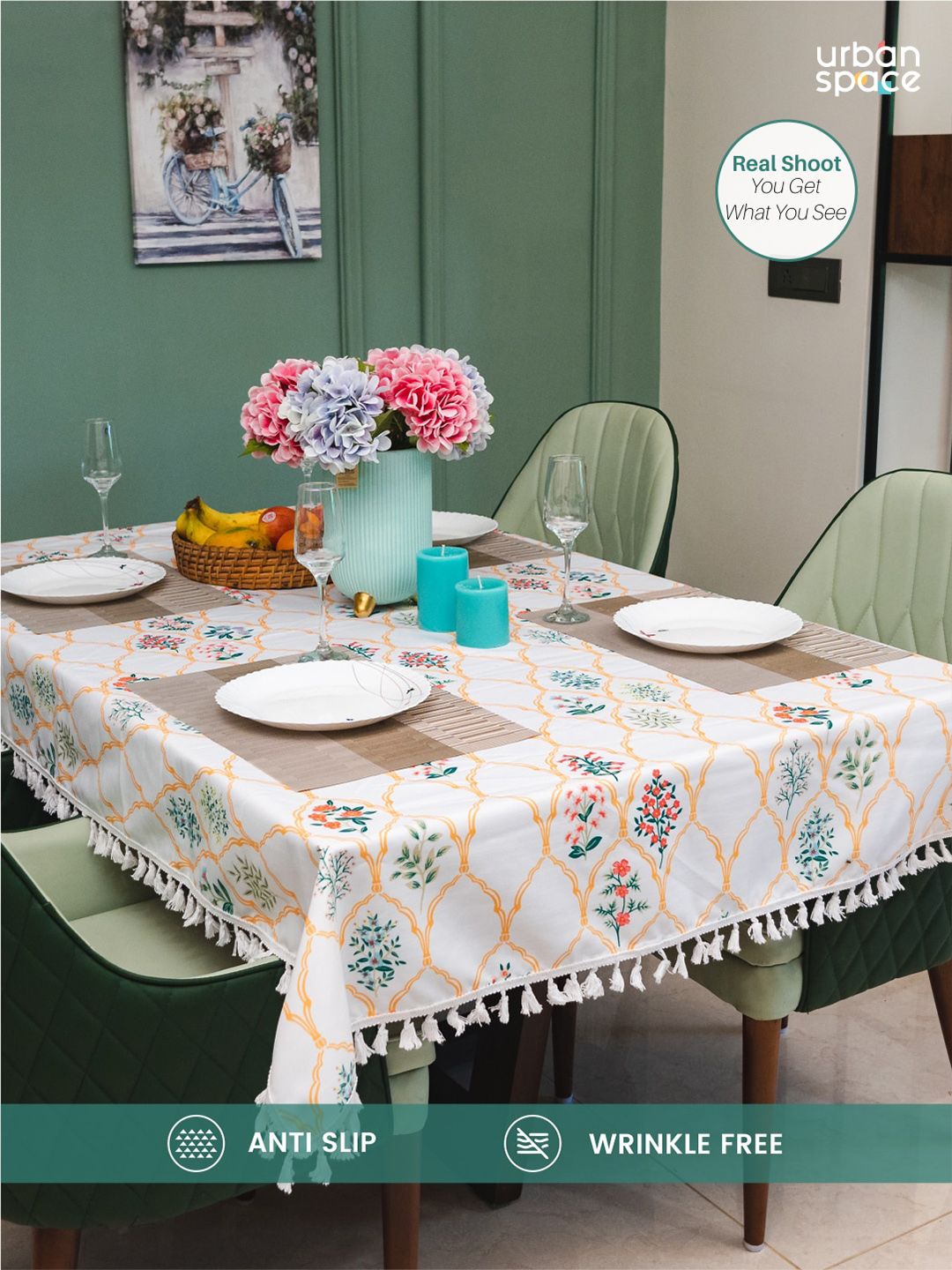 URBAN SPACE White & Green Printed 6-Seater Table Cover