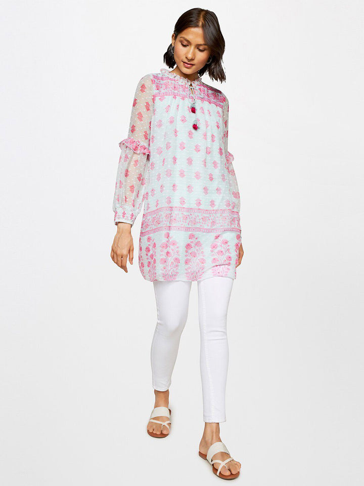 Global Desi Floral Printed Mandarin Collar Ethnic Tunic