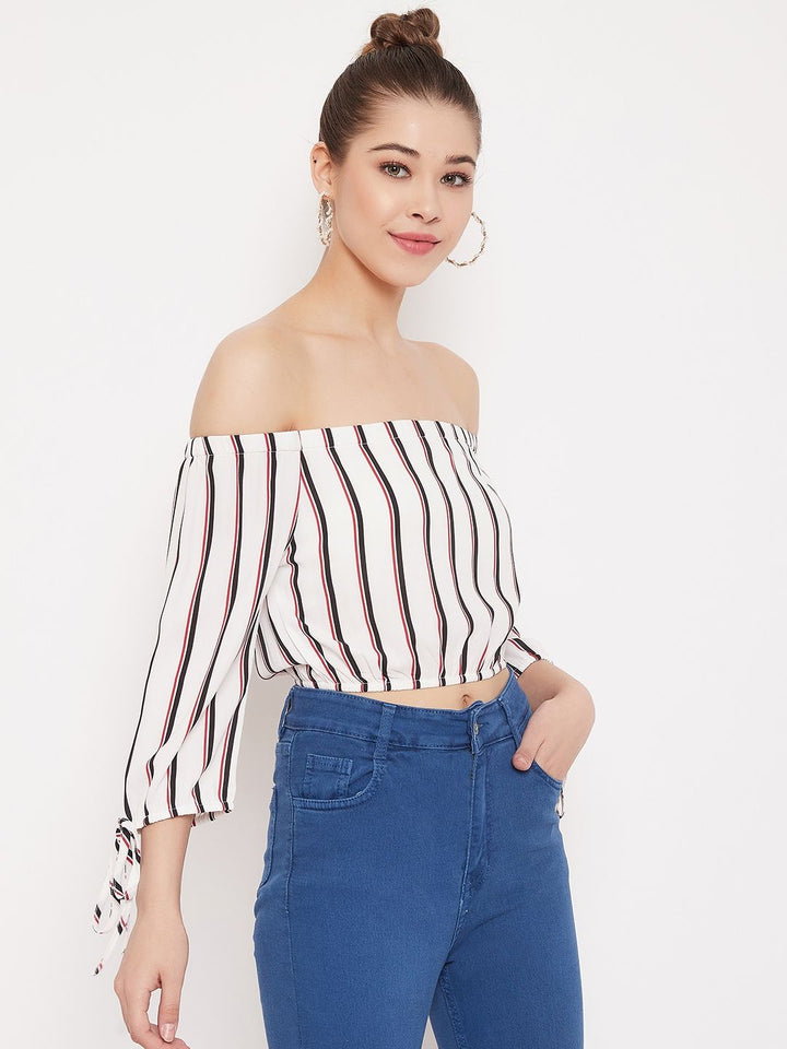 Berrylush Women White Striped Bardot Top