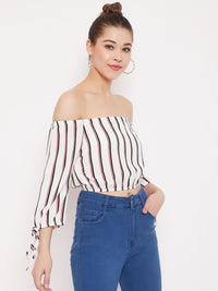 Berrylush Women White Striped Bardot Top