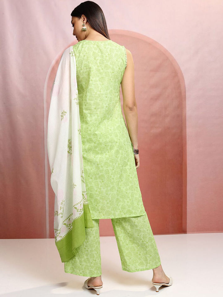 Vishudh Green & White Floral Printed Pure Cotton Straight Kurta & Trousers With Dupatta