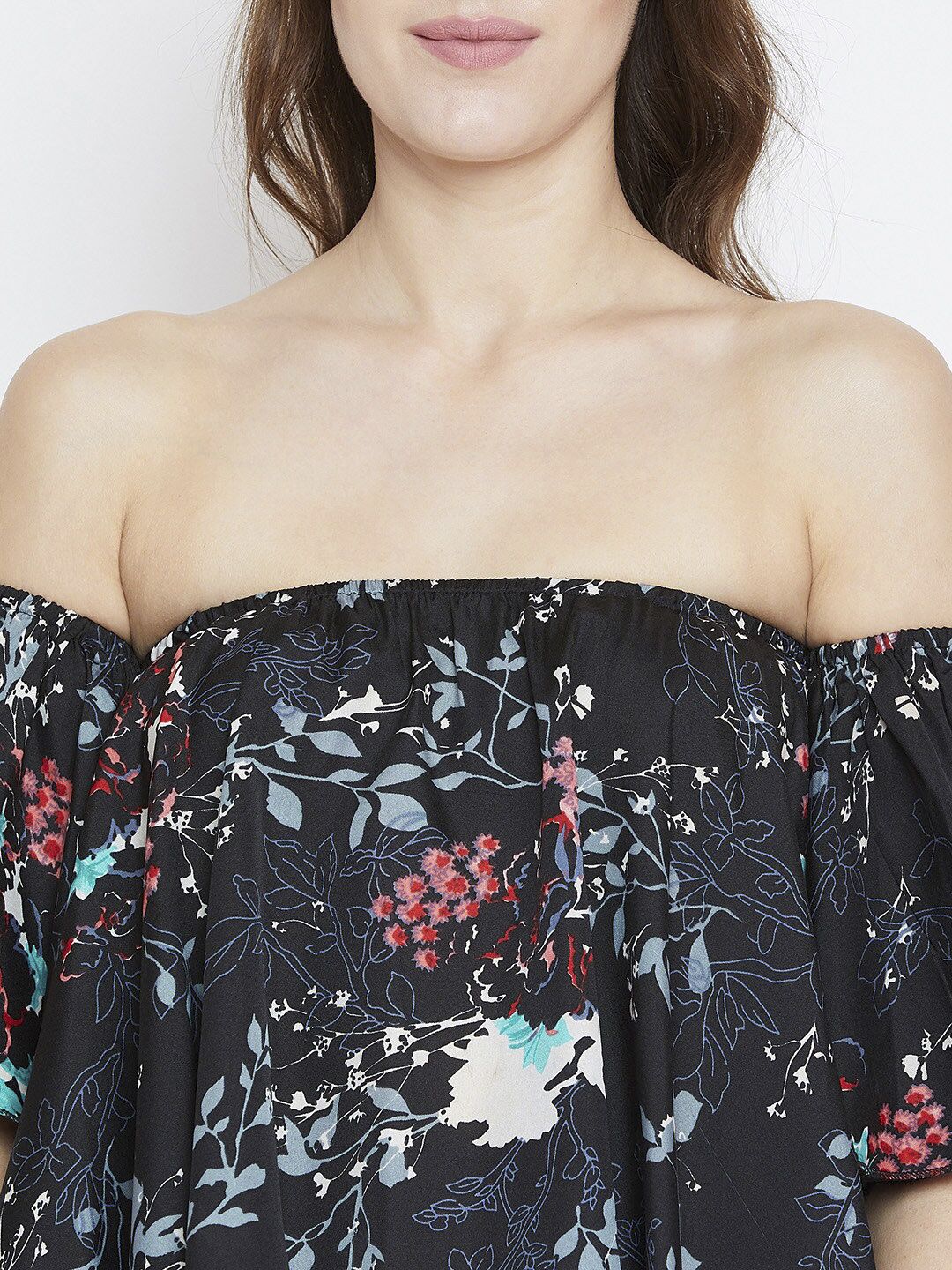 Berrylush Black & Blue Floral Off-Shoulder Flared Sleeves Crepe Bardot Crop Top