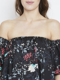 Berrylush Black & Blue Floral Off-Shoulder Flared Sleeves Crepe Bardot Crop Top