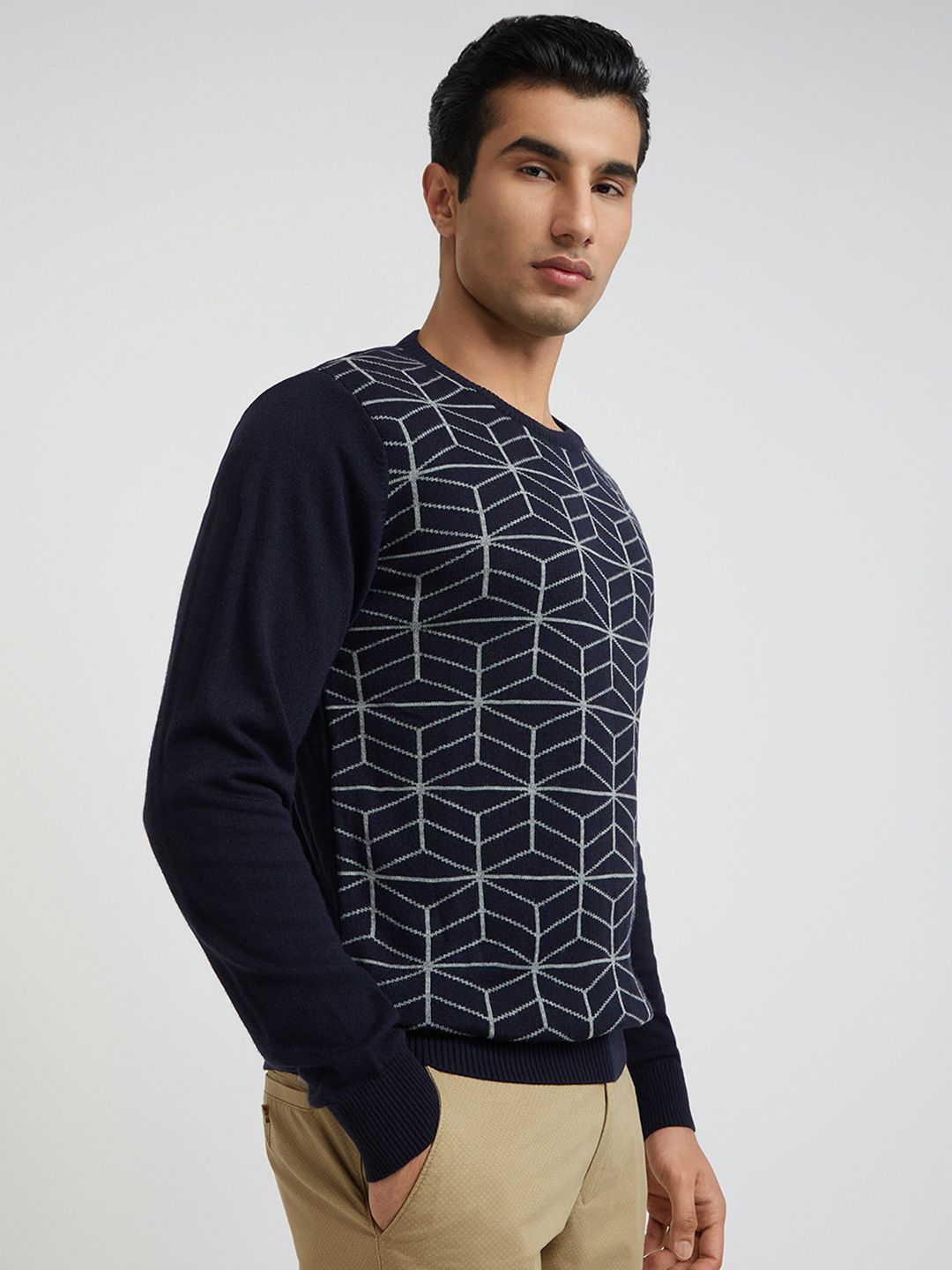 Raymond Men Navy Blue & Grey Geometric Woolen Pullover