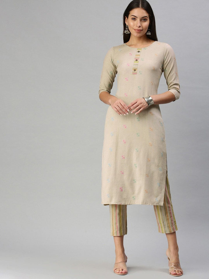 KALINI Geometric Woven Design Mandarin Collar Kurta with Trousers