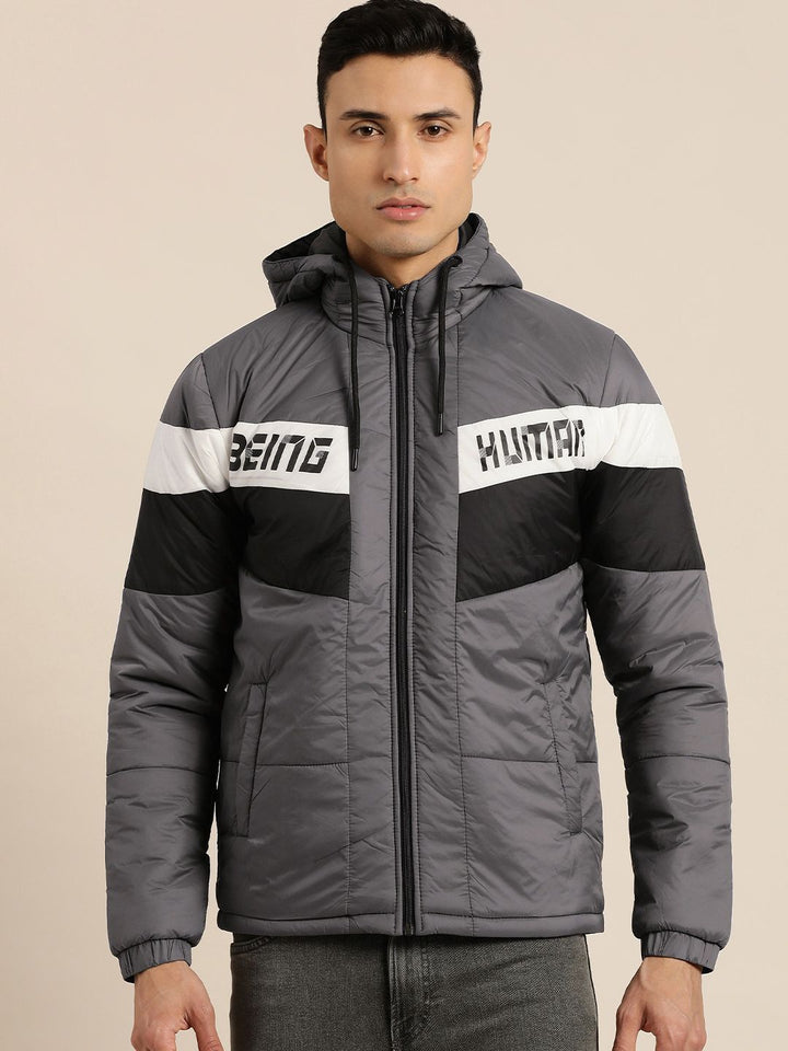 Being Human Men Grey Striped Hooded Padded Jacket with Brand Logo Detail