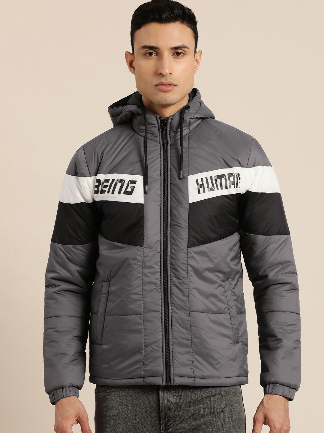 Being Human Men Grey Striped Hooded Padded Jacket with Brand Logo Detail