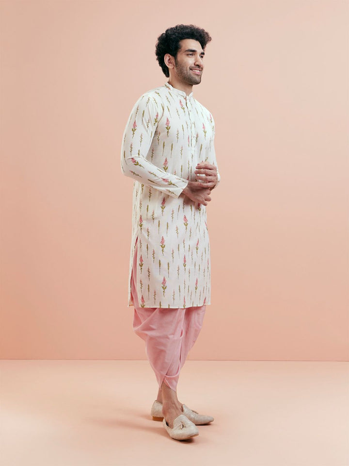 KISAH Men Cream-Coloured & Pink Floral Kurta
