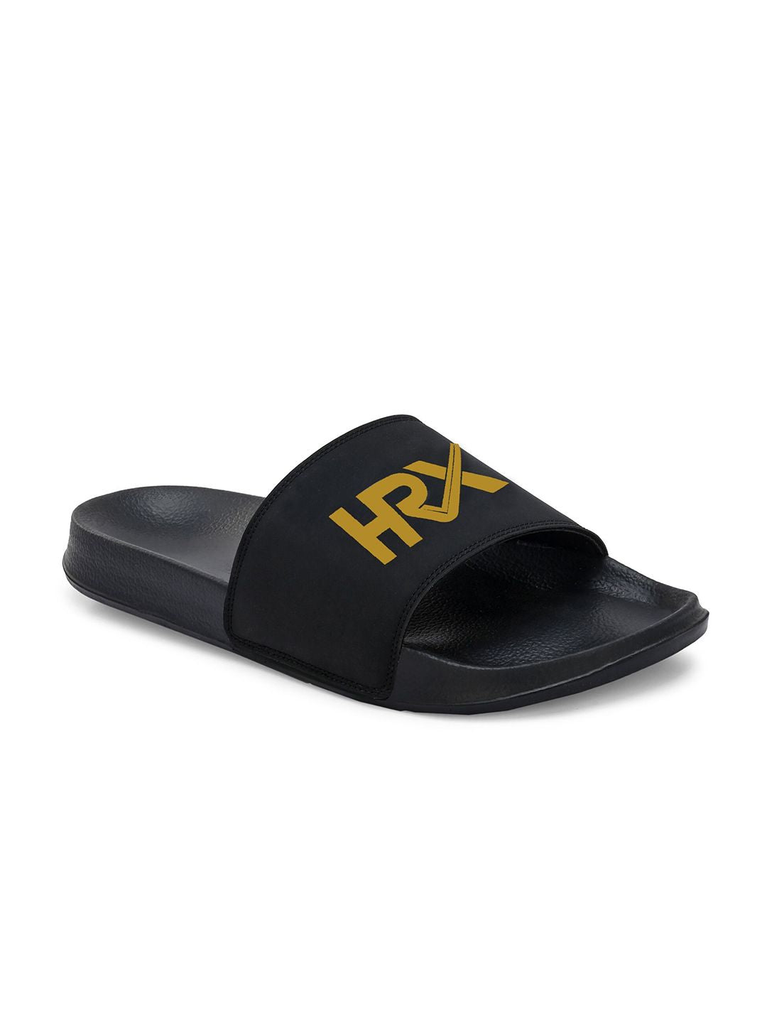 HRX by Hrithik Roshan Women Black & Gold-Toned Printed Sliders