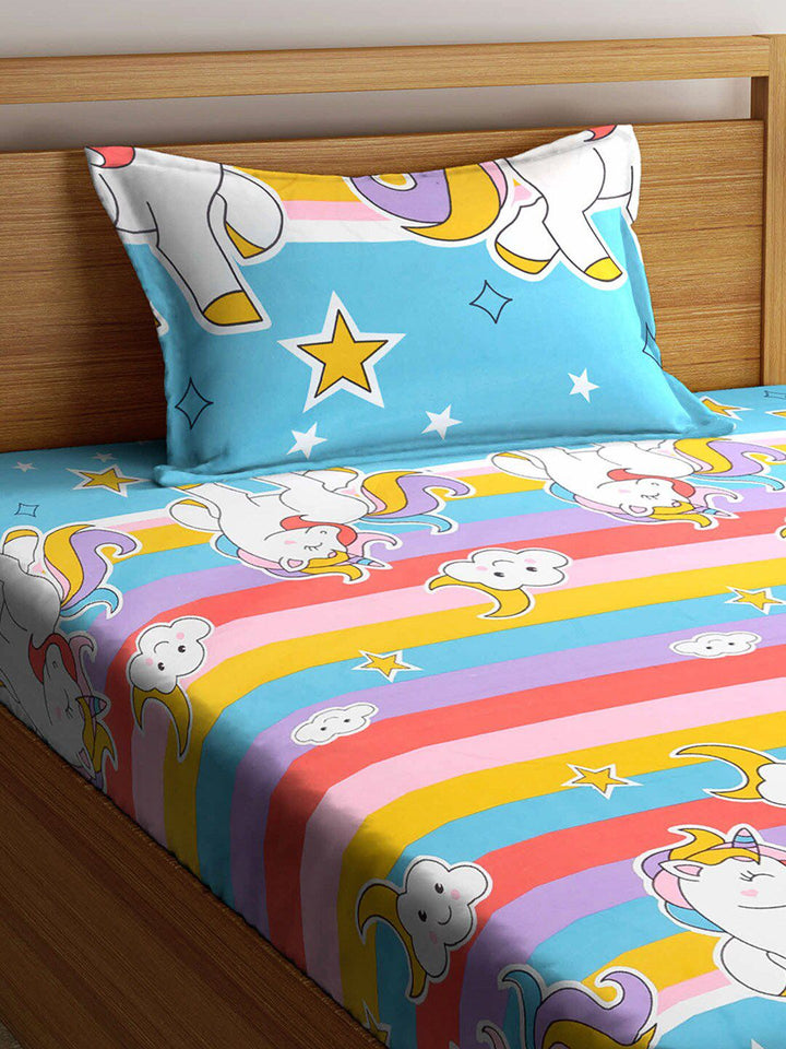 KLOTTHE Turquoise Blue & Yellow Cartoon Characters 210 TC Single Bedsheet with 1 Pillow Covers