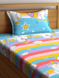 KLOTTHE Turquoise Blue & Yellow Cartoon Characters 210 TC Single Bedsheet with 1 Pillow Covers