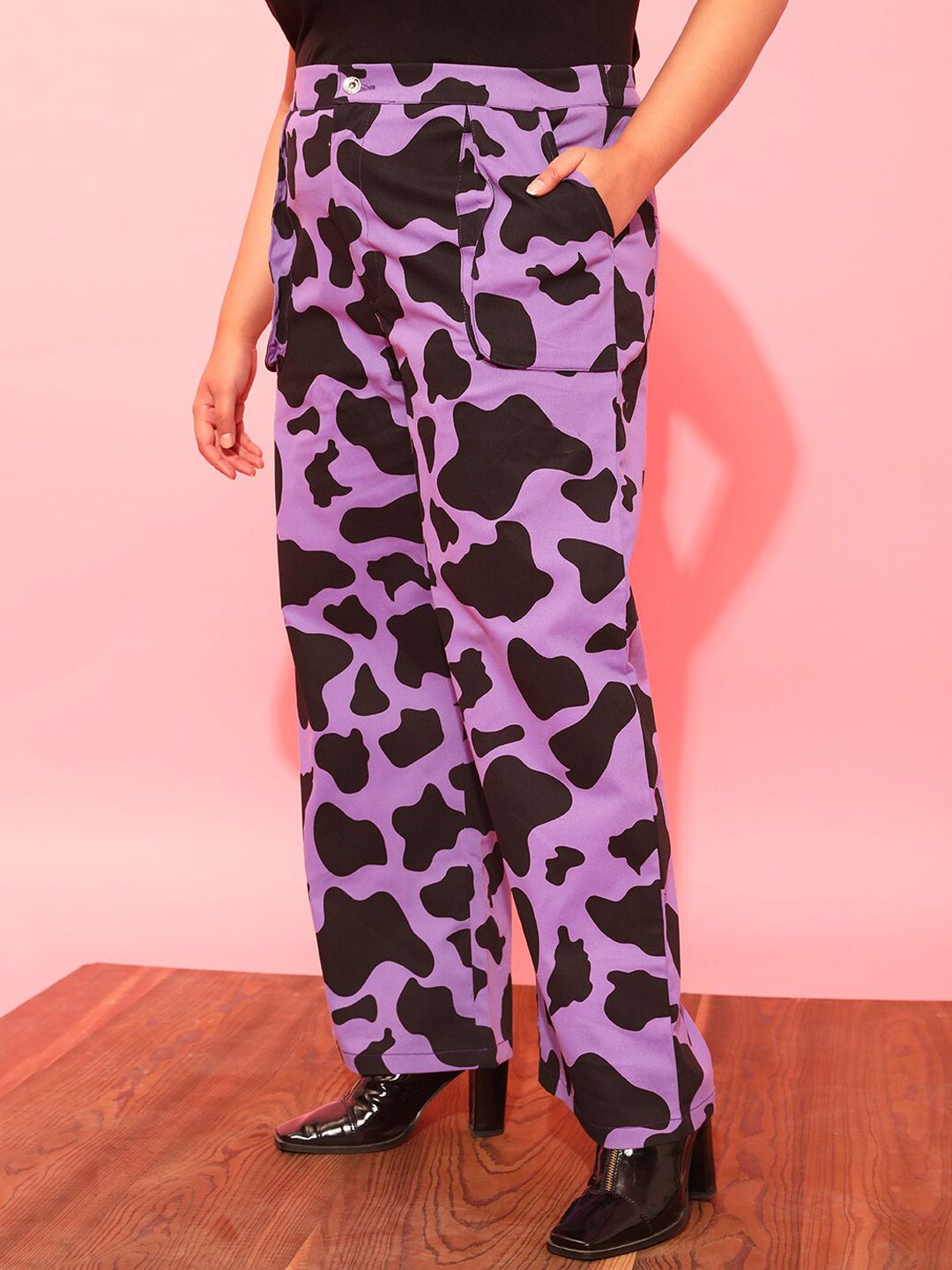 CURVY STREET Women Plus Size Lavender Printed Relaxed Straight Leg Pure Cotton Trousers