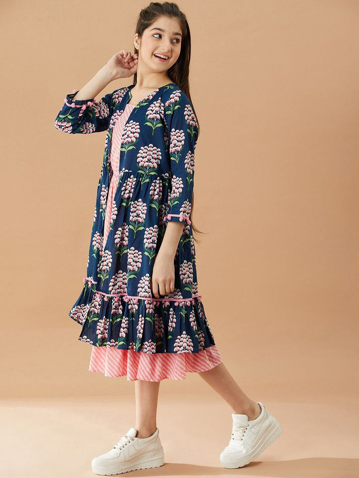 pspeaches Girls Striped A-Line Midi Cotton Dress
