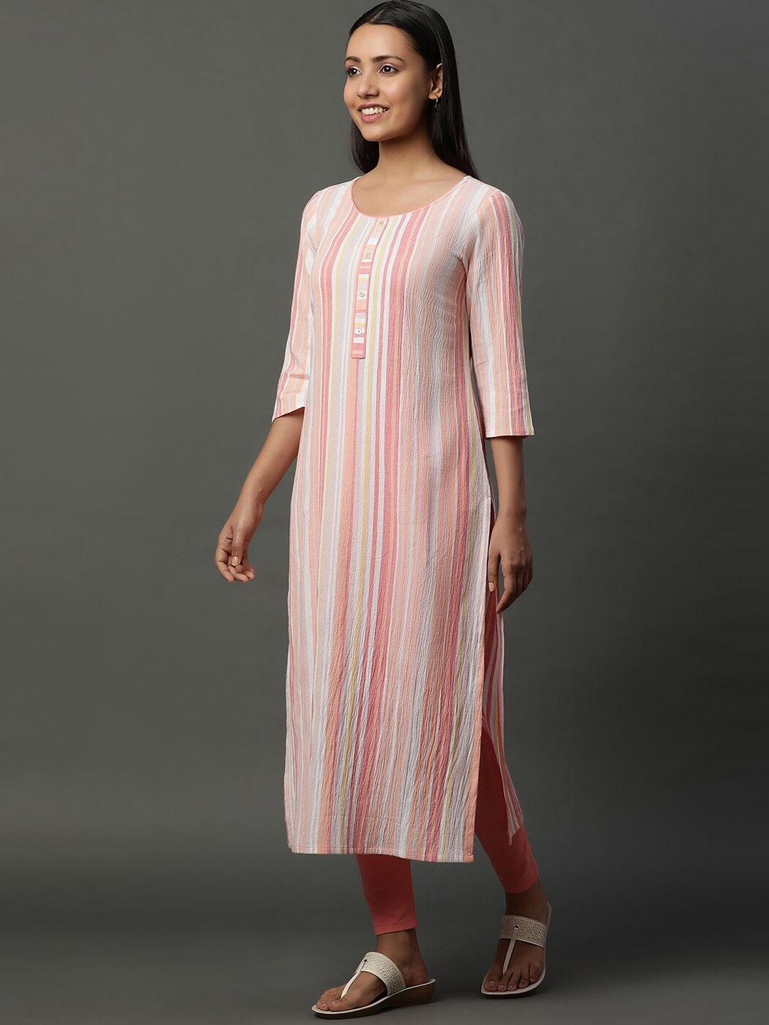 AURELIA Striped Round Neck Three-Quarter Sleeves Straight Kurta