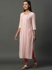 AURELIA Striped Round Neck Three-Quarter Sleeves Straight Kurta