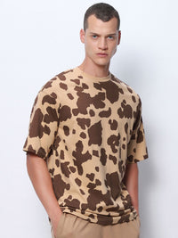 Bewakoof Brown Abstract Printed Round Neck Pure Cotton Oversized T-shirt